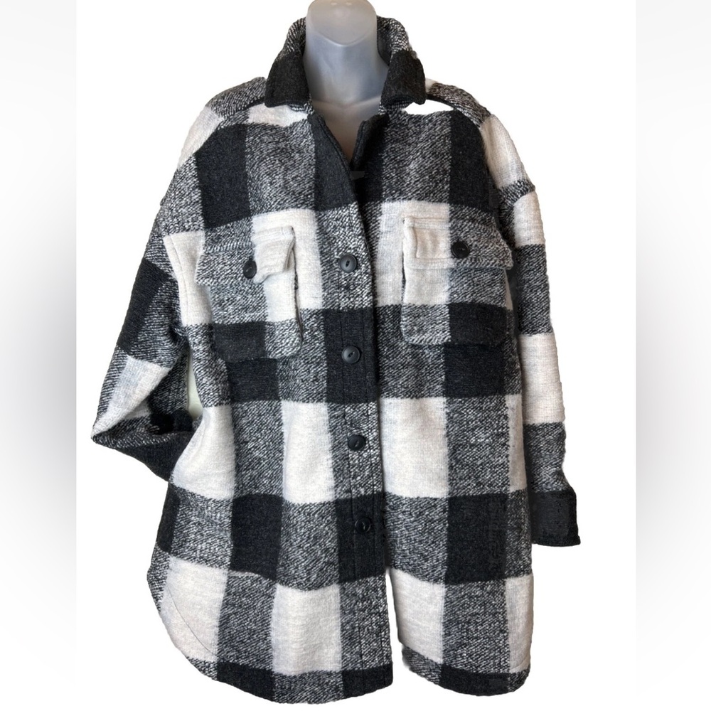 Anine Bing Sz M Plaid Shacket Jacket Black White Buffalo Check Wool Pockets